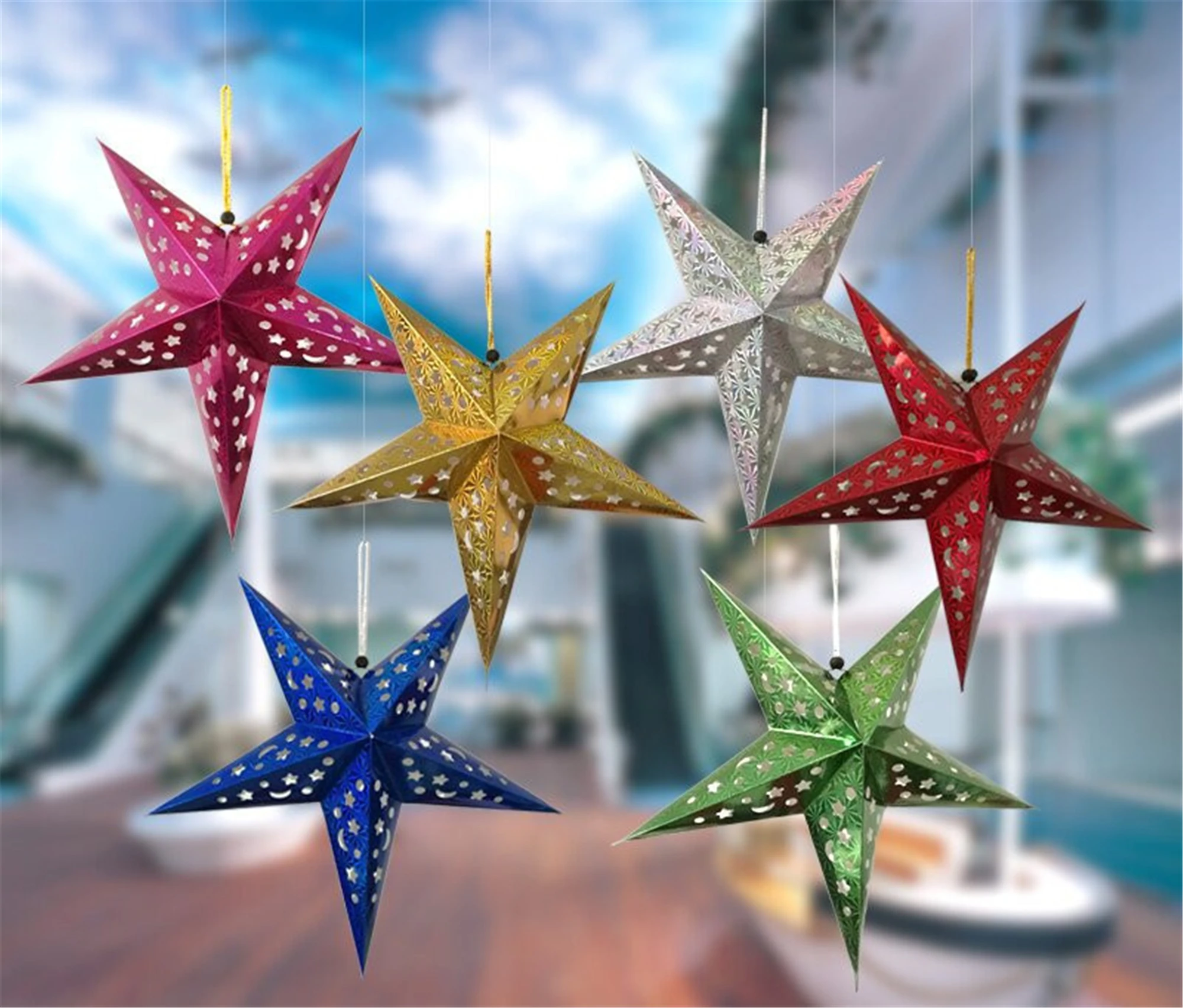 

Star Paper Lanterns-Five pointed Eyelet Paper Star decoration-Hanging star home decor-Wedding birthday holiday party room ceilin