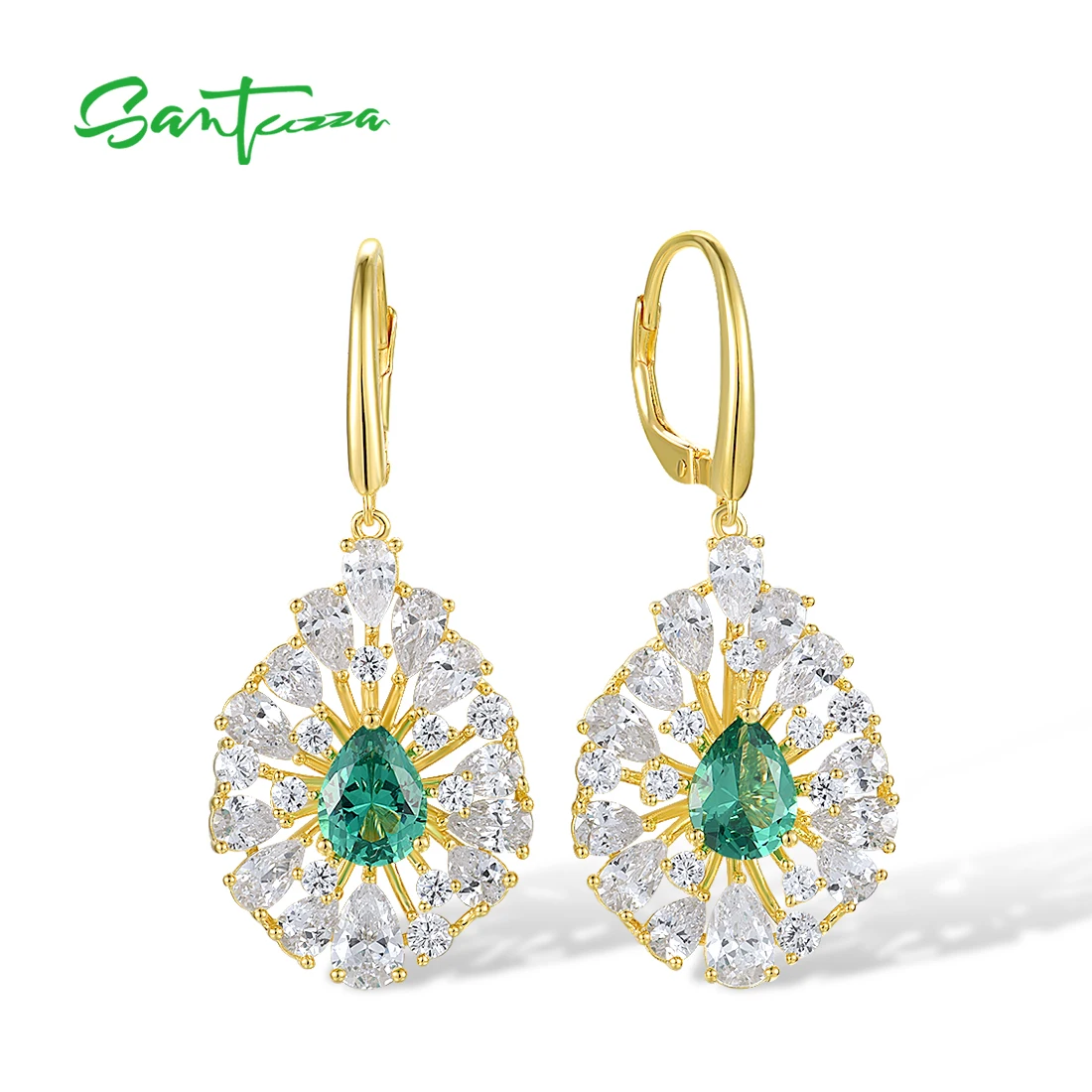 SANTUZZA Authentic 925 Sterling Silver Dangling Earrings For Women White CZ Green Spinel Hoop Cluster Luxry Party Fine Jewelry