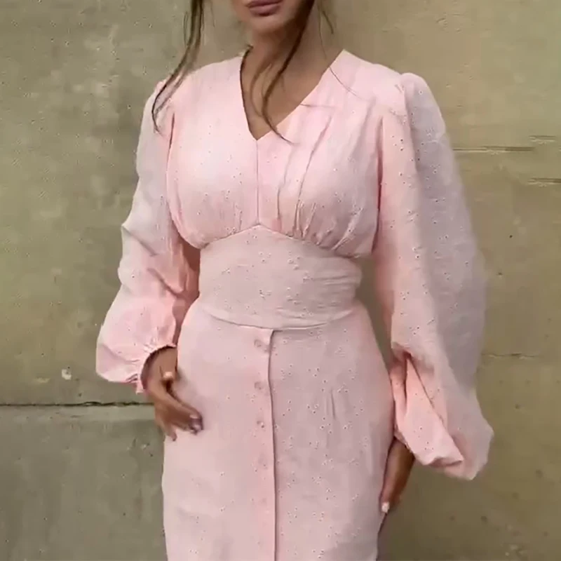 أنيقة الخامس الرقبة طويلة الأكمام الصلبة فستان طويل مثير التطريز الجوف خارج الخصر فستان الحفلات المرأة زر الموضة الدانتيل متابعة فساتين ضئيلة #6