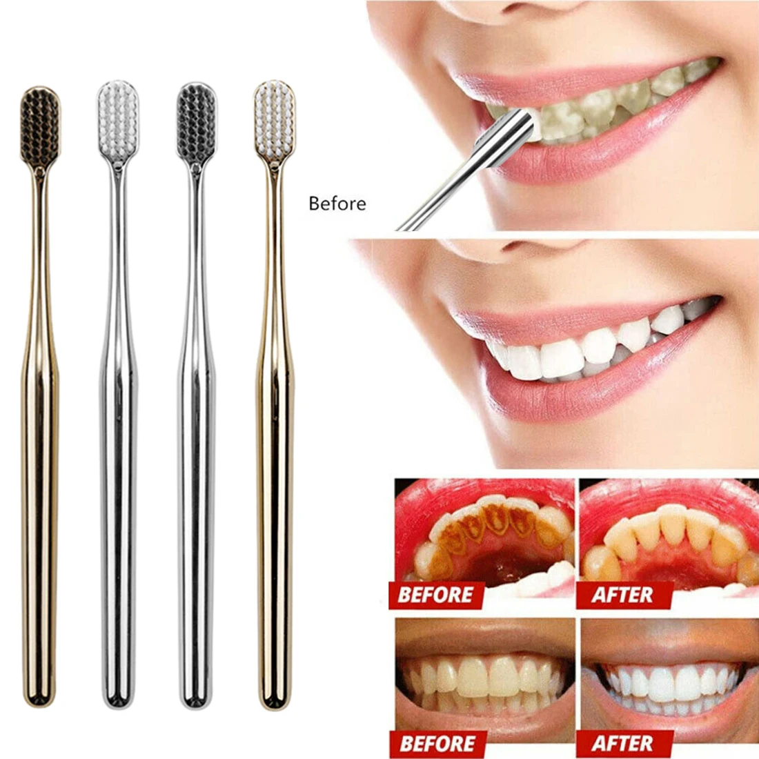 2/1 Uds. Cepillo de dientes suave de lujo, cepillos de dientes dorados y plateados para hombres y mujeres, cepillo de dientes para adultos, cepillos dentales galvanizados de alta gama