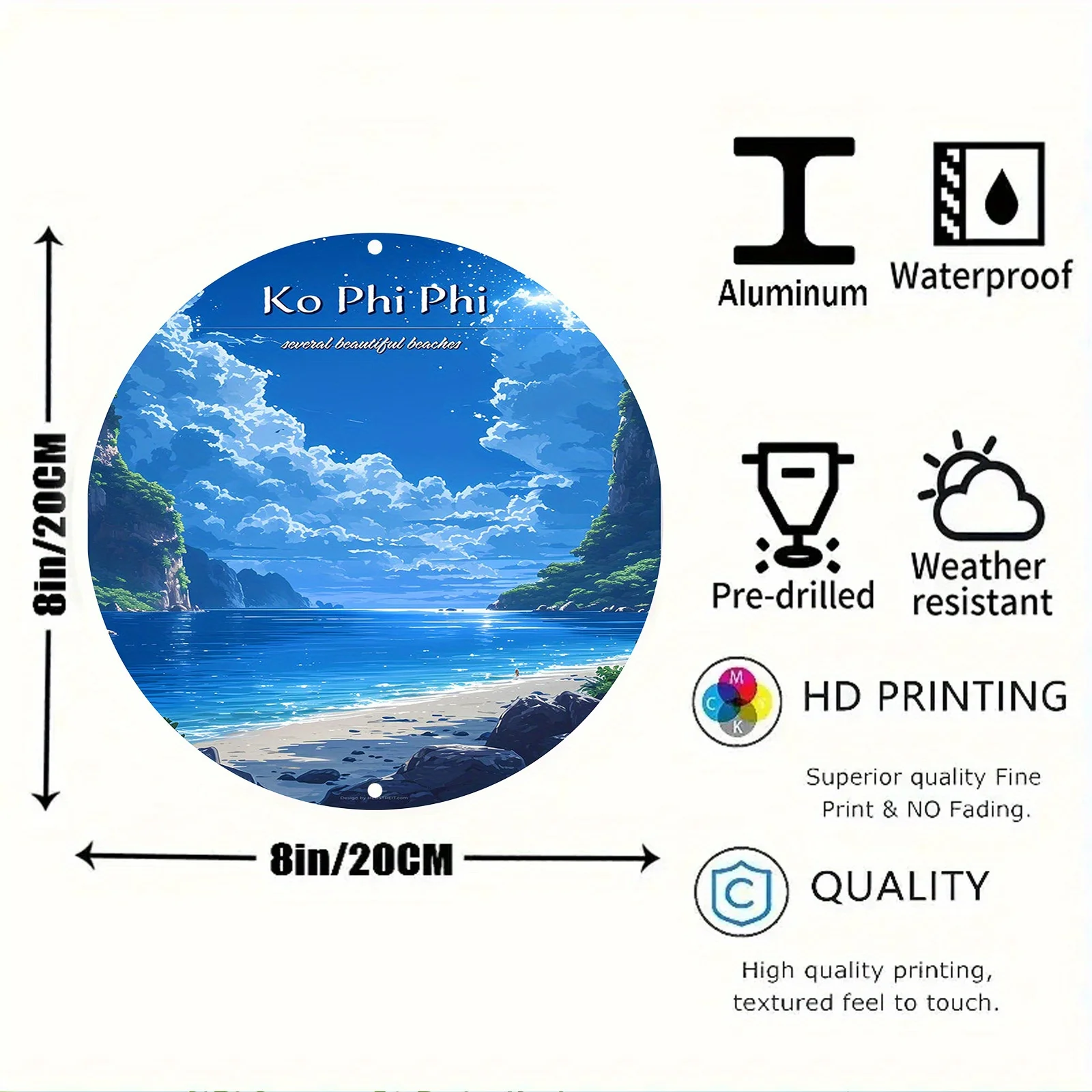 1pc Ko Phi Phi Beach Themed Round Metal Sign - Aluminum Waterproof Decorative Plaque with Pre-Drilled Holes, HD Printing for Ind