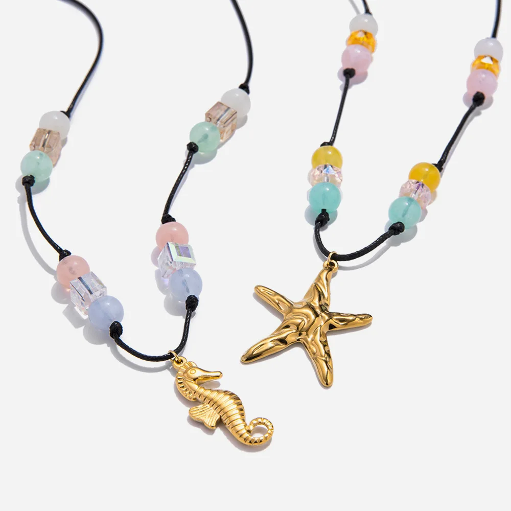 

Colorful Beaded Wax Cord Necklace Stainless Steel Ocean Charms Flat and Round Beads Y2K Summer Jewelry for Women