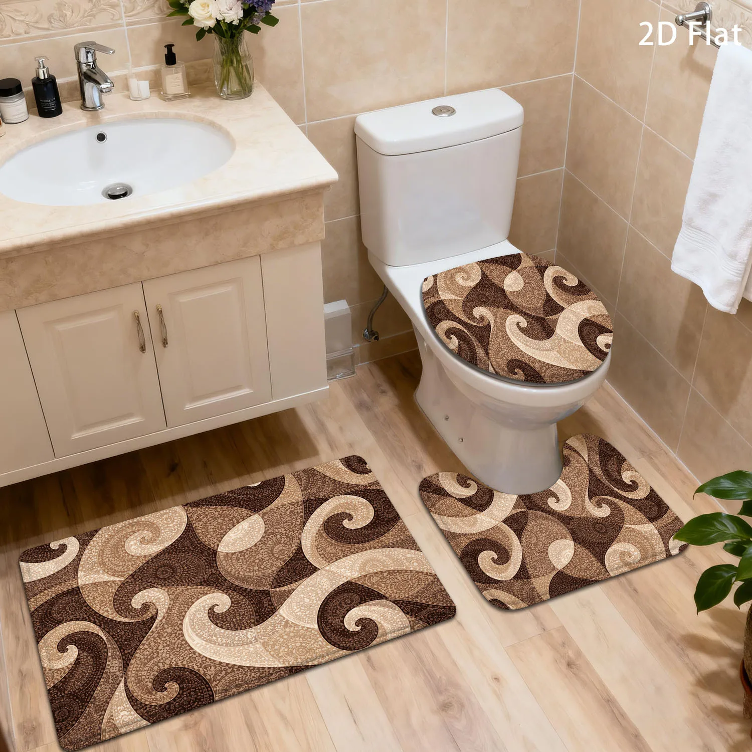 

Комплект для ванной комнаты из 3 предметов: коричнево-бежевый коврик с витым узором, нескользящая накладка на крышку унитаза, U-образный коврик для пола, декор для дома