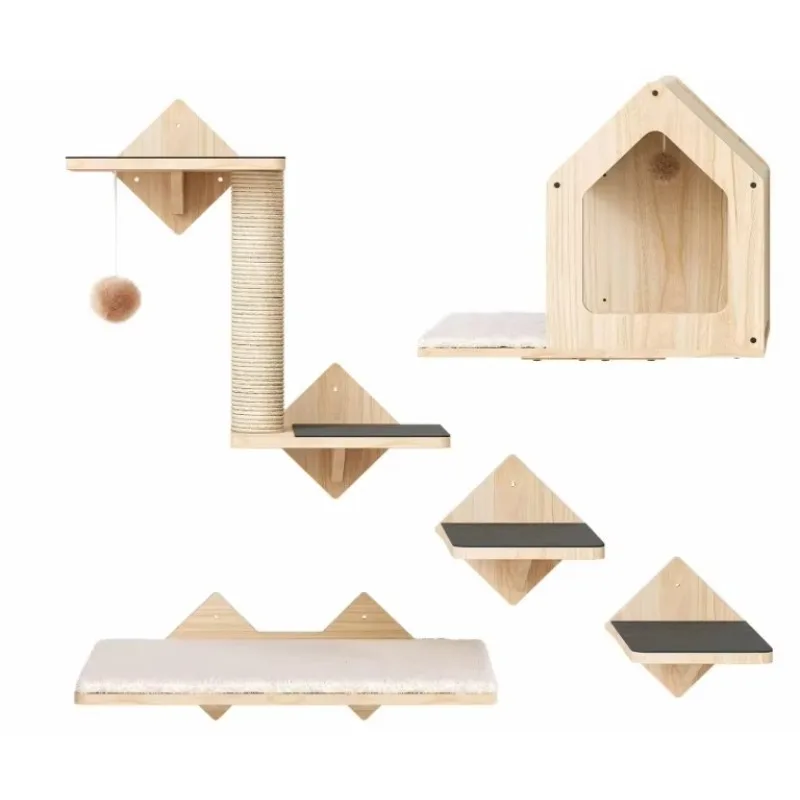 Hot Sale Luxury Modern Wooden Rattan Cat Wall Shelf with 3 Shelves and Climbing Step for Indoor Use