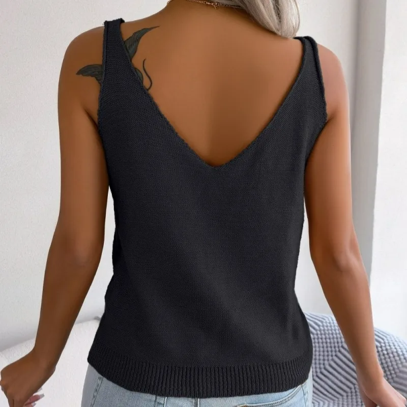 Décontracté col en v tricoté gilet femmes 2025 printemps été Wist évidé t-shirt chandails Mujer vacances tricots hauts Streetwear