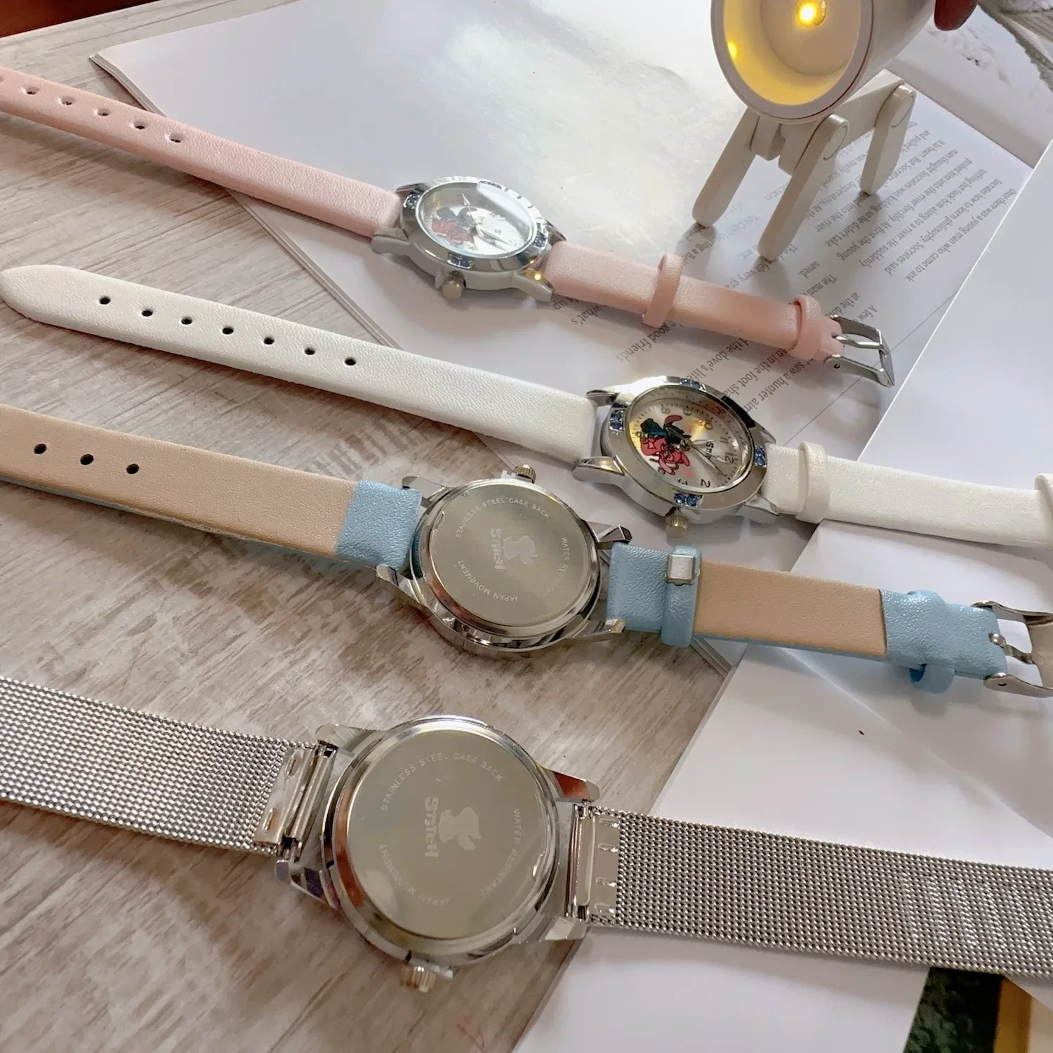 Disney Stitch Girl's Watches Diamond Quartz Watch for Women Stich Cartoon Leather Wristwatches Fashion Steel Belt Watch Gift