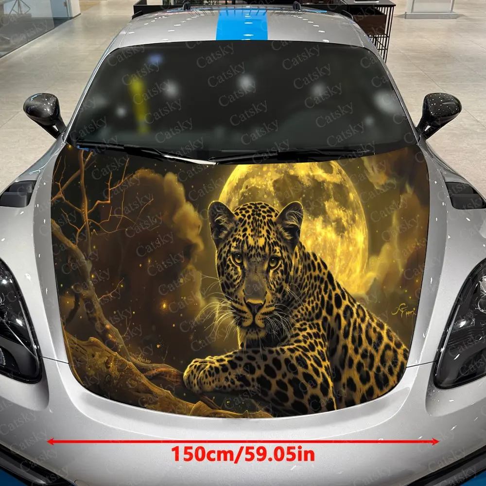Fiery Leopard in Golden Moonlight Car Hood Stickers - Self-Adhesive, Waterproof and Durable Vinyl Wrap, Decorate And Protect You