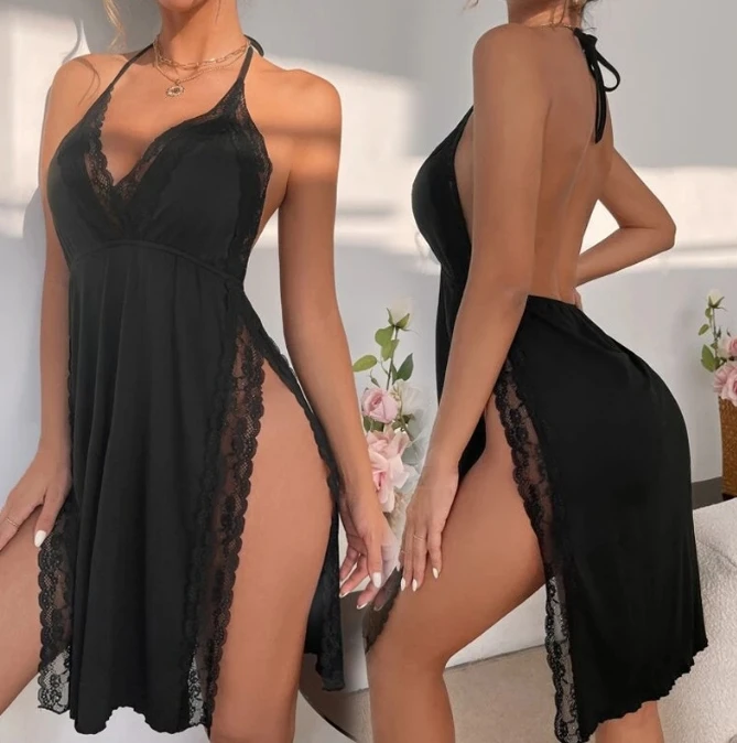 

Women Sexy Romantic Suits 2024 Summer Latest Cute Girl Style Wide Truffle Back Suspender Nightgown with Slit Style Sleepwear Set