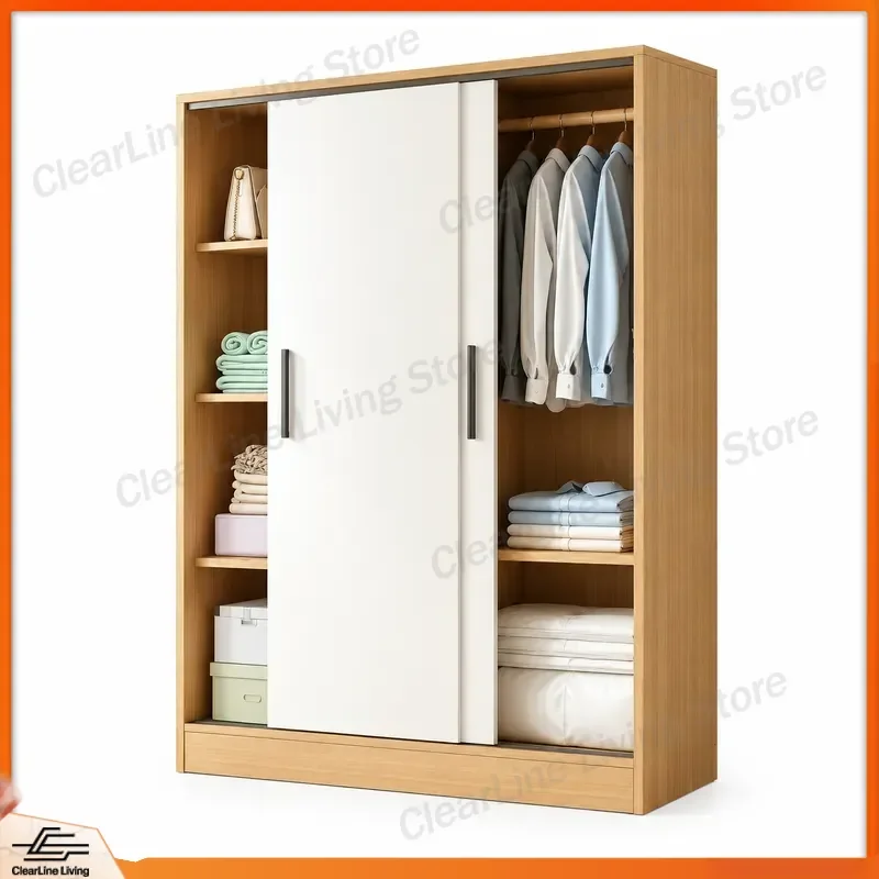 Sliding Door Wardrobe for Household Bedroom Rental Economical Wooden Cabinet Large Capacity Space Saving for Children and