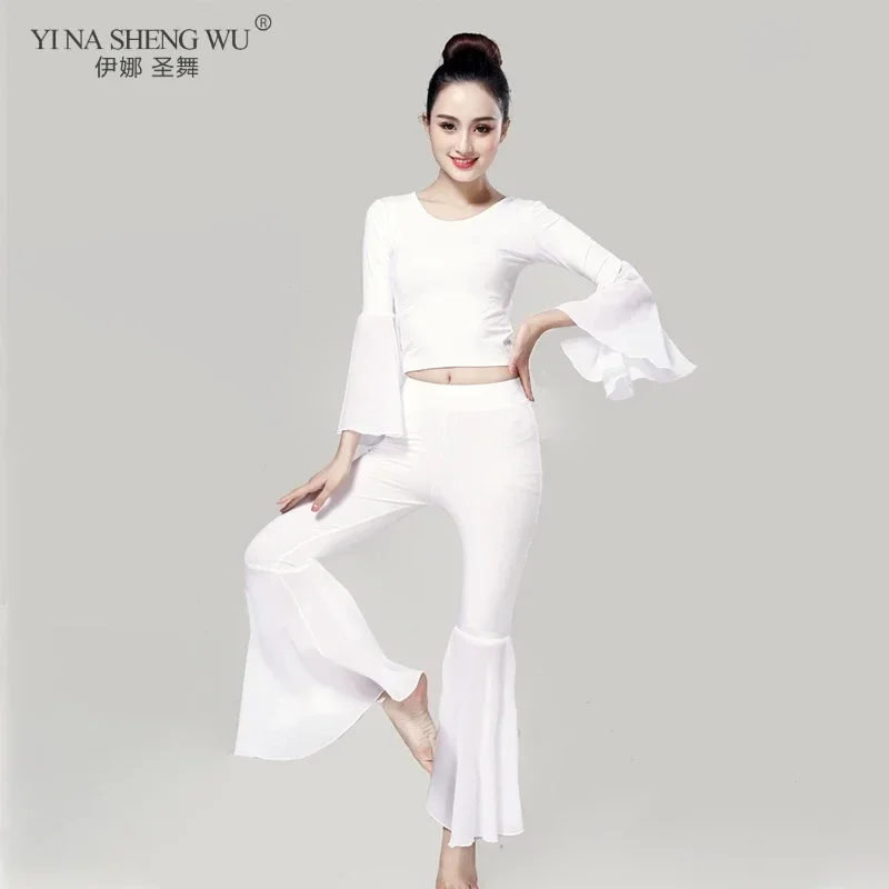 女性用大人のベリーダンス衣装セット 2 個トップパンツモーダル生地トランペットスリーブダンス練習服レディースダンスウェア