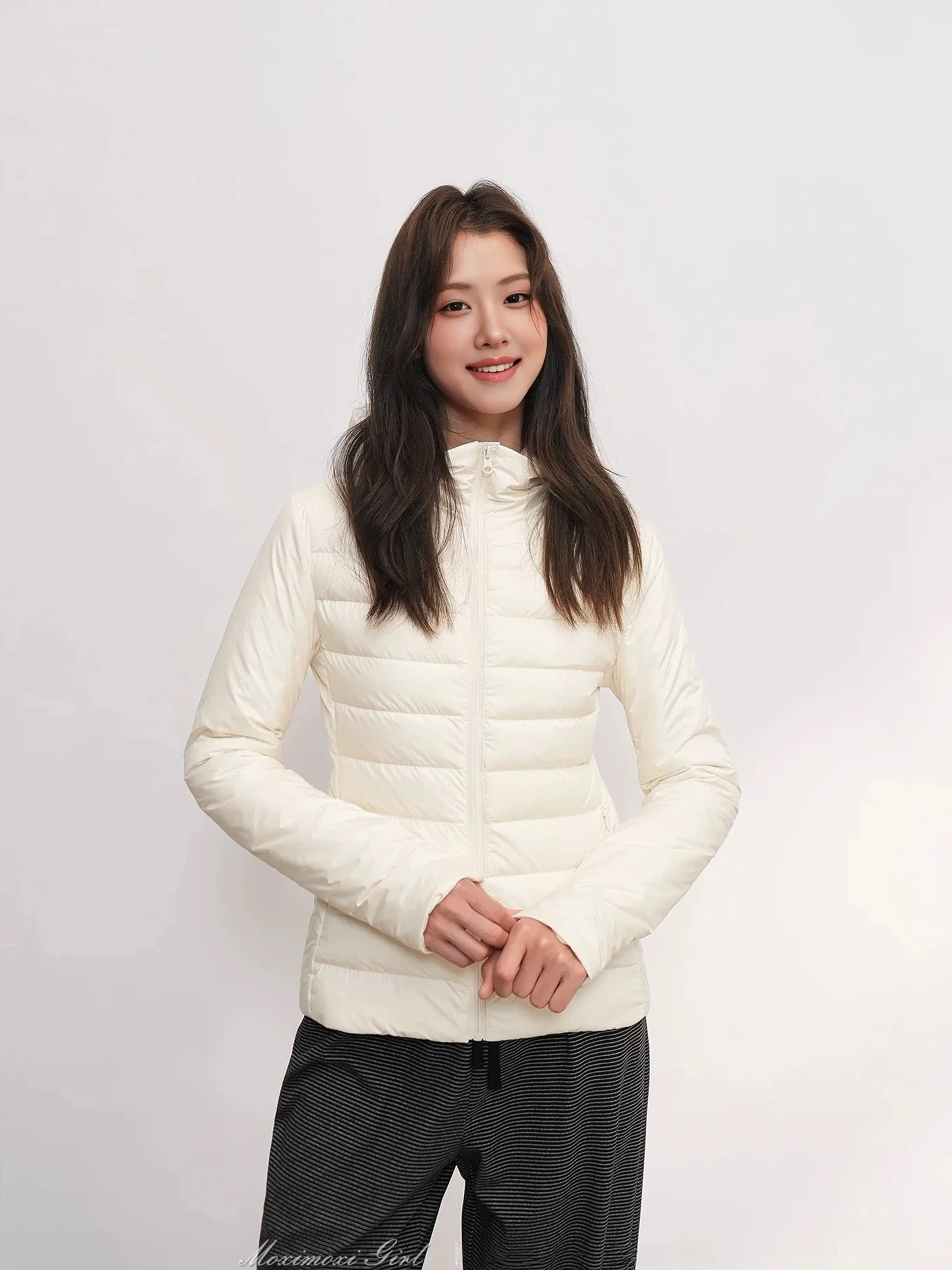 

MOXI White Du down Cotton Jaet with Hoodie Slim Fit High Waist Stand Collar Casual Sle Memory Fabric Ladies Coat