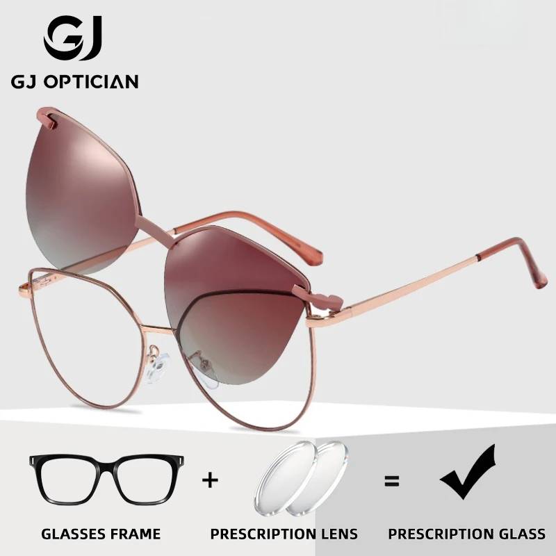 

GJ OPTICIAN New Magnetic Clip Myopia Eyewear Polarized Women Sunglasses Metal Anti Blue Light Progressive Prescription Glasses