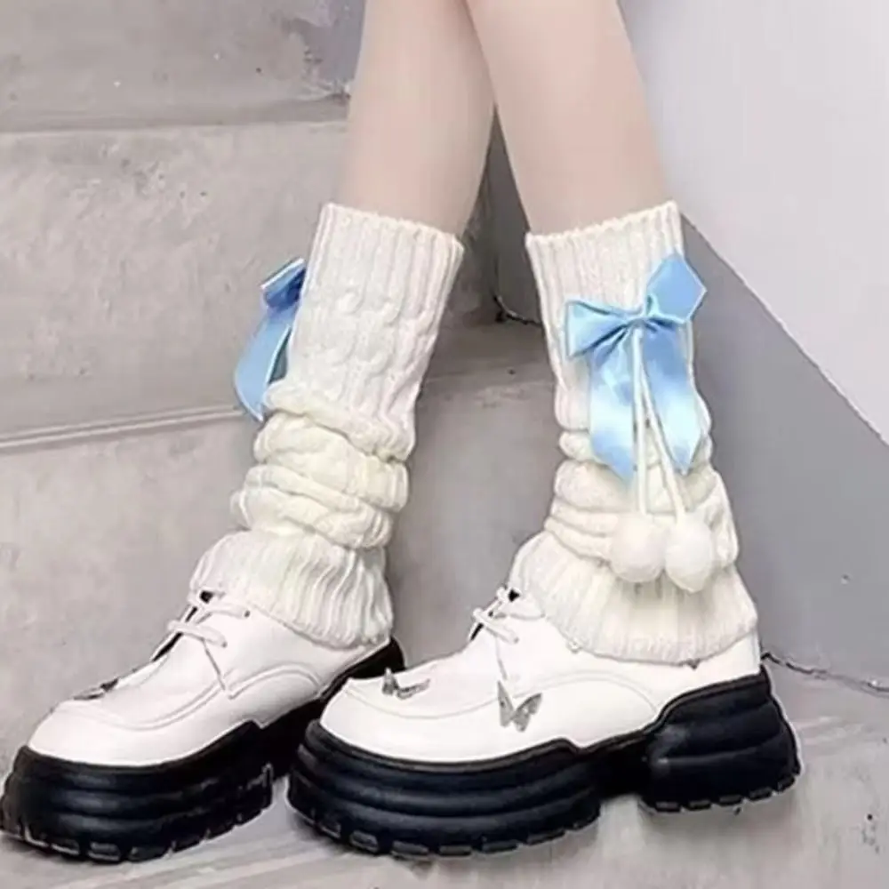 New Lolita Knitted Leg Warmers Thermal Bowknot Pom-pom Leg Warmers Fleece Lined Leg Covers