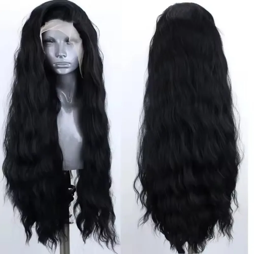 Wig renda depan sintetis pirang bergelombang panjang untuk wanita Wig renda gaya Mode bagian bebas Wig serat tahan panas Cosplay