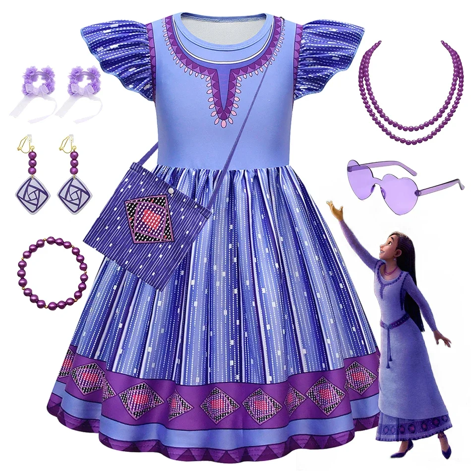 

Disney Wish Asha Girls Princess Costume Dress up for Girl Cartoon Movie Shirt Dress Kids Flying Sleeves Causal Wear 2-10 Years