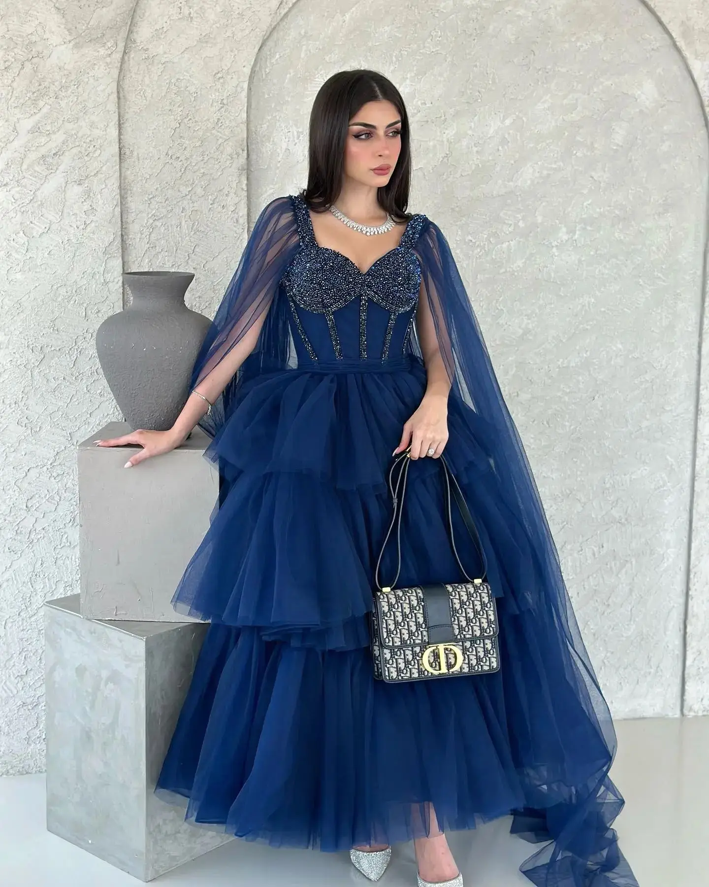 

Noble Blue A-Line V Prom Dress Shawl Sleeves With Ankle Length Evening Summer Elegant Party Dress For Women2023