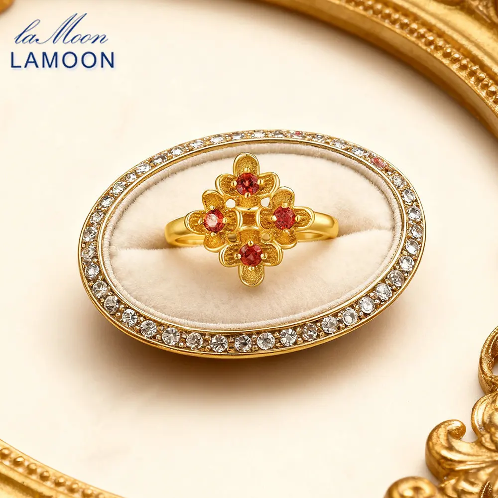 

LAMOON Natural Red Garnet Gemstone Ring For Women Classic Four Flowers S925 Silver Gold Plated Adjustable Rings Fine Jewelry