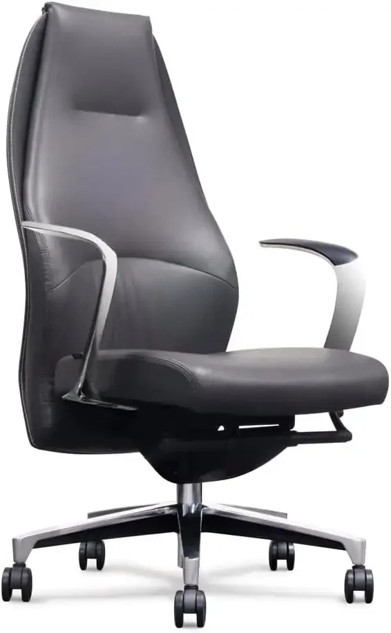 Furniture Wrigley Genuine Leather Aluminum Base High Back Executive Chair - Dark Grey with Black Accent