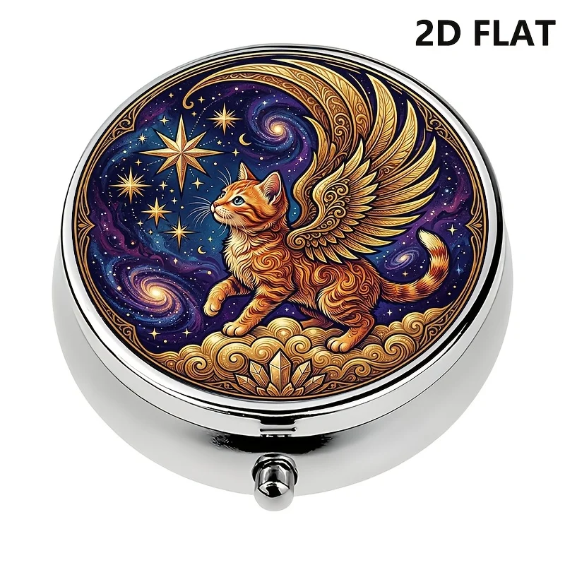 Flat, 1-piece organizer box, winged starry sky and cloud themed decorative organizer, portable travel vitamin pill box, unique compact storage wallet or