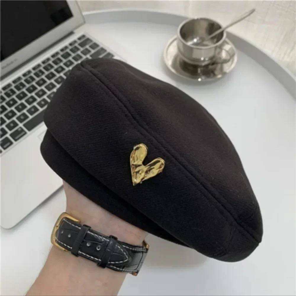 Woolen Vintage Heart Berets Women Korean Autumn Winter Wild Fashion Love Painter Hats Elegant Women Beanies Hat  Caps