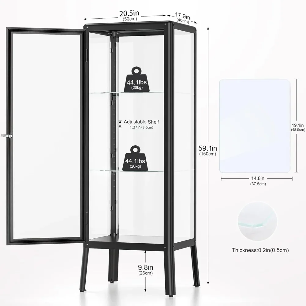 Glass Display Cabinet With Adjustable 3-Shelf Shelves, Lock And Door, Dust-Proof, LED Light, 59.1