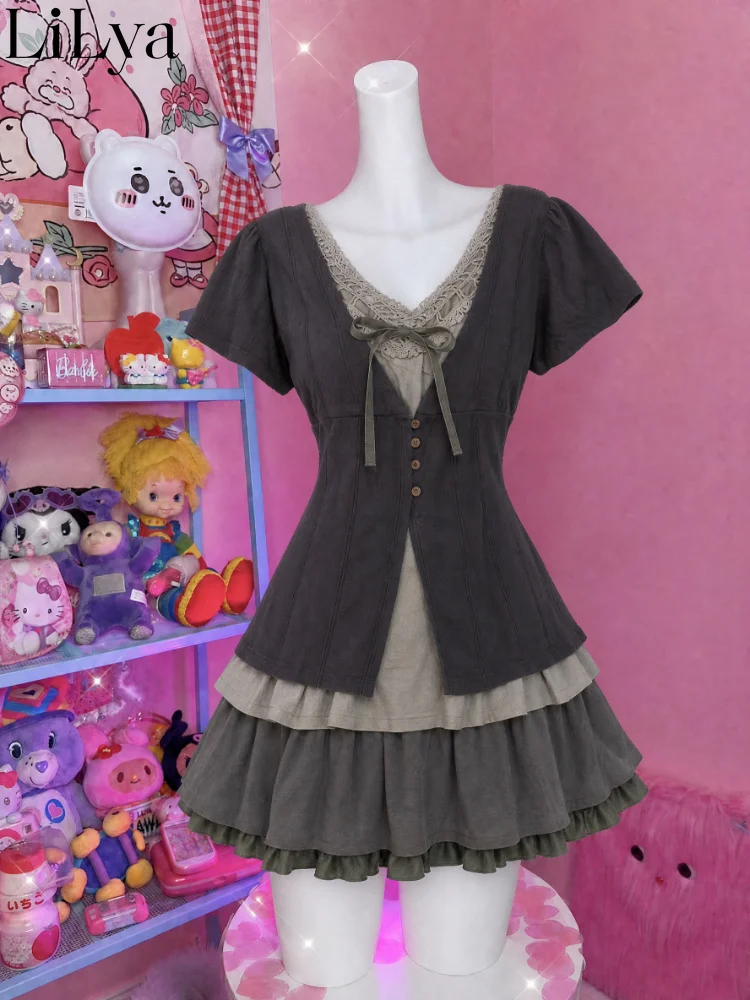 Dark Sweet Vintage Lolita 3 Piece Set Women Puff Short Sleeve Lace Trim Ribbon High Waist Ruffle Tiered Skirt Daily Kawaii Set