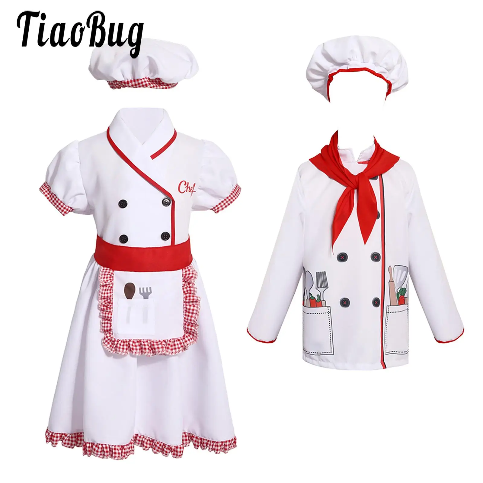 

Kids Chef Apron Costume Boys Girls Chef Outfit Hat Top Chef Dress Apron Scarf Set Cooking Uniform Play House Role Play Costume