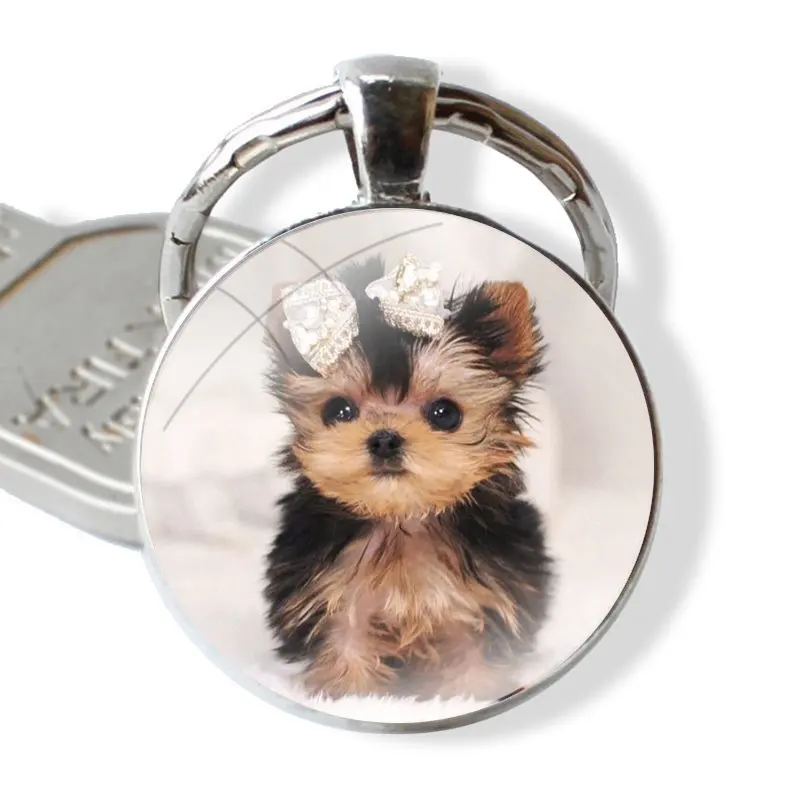 Keychain Glass Cabochon Metal Pendant Classic Men\'s Women\'s Keyring Yorkshire Terrier Puppy Dogs animal