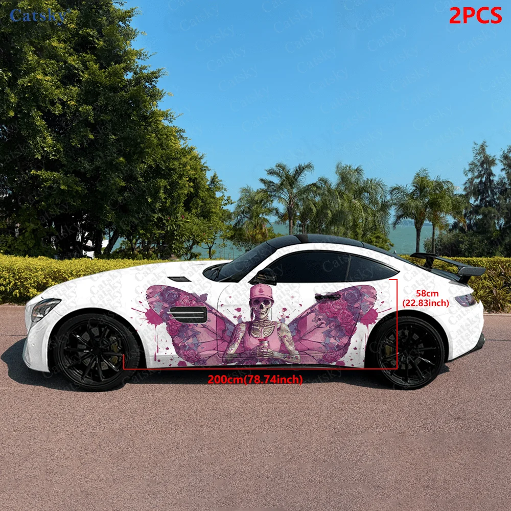2pcs Purple and pink skeleton wing graffiti splatter sticker, durable, fade-proof, easy to install and remove - enhance your veh