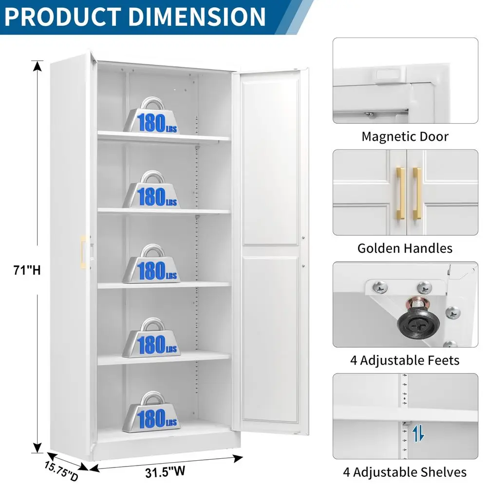 Kitchen Pantry Storage Cabinet,White Tall Storage Cabinet With Doors and 4 Shelves,Metal Food Pantry Cabinets for Kitchen Storag