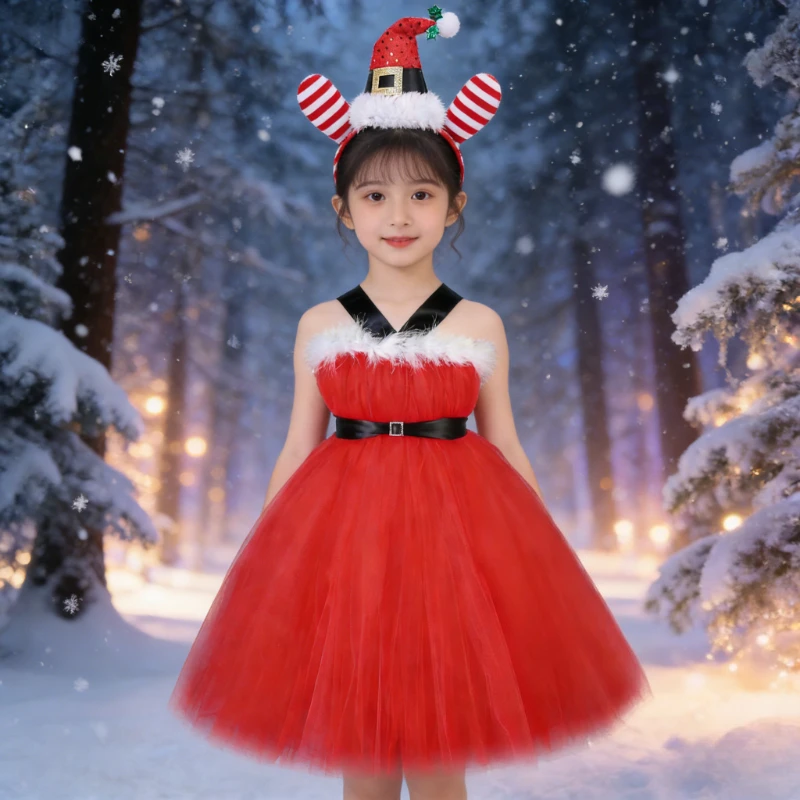 Santa Claus Christmas Long Dress for Girls Xmas Party Clothes Set Princess Dresses Tulle Outfit Children Kids Deer Tutu Clothes