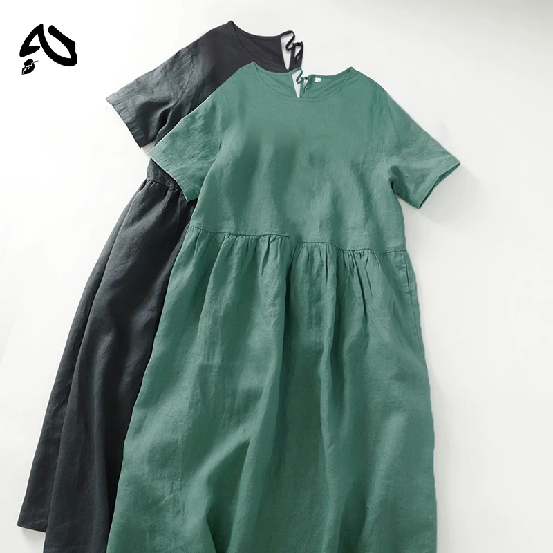 

Original Chic Cotton Linen Dress Women Summer Short Sleeve Solid Dress O-Neck Vintage Sundress Holiday Travel Oufit Vestido