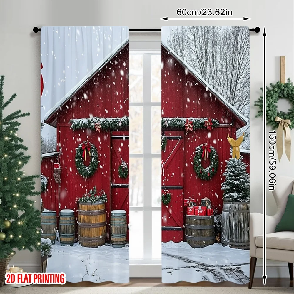 2pcs 2D flat printing Happy Christmas Scene Curtains Red barn and snow scene Digital Printed Polyester Drapes Family Party