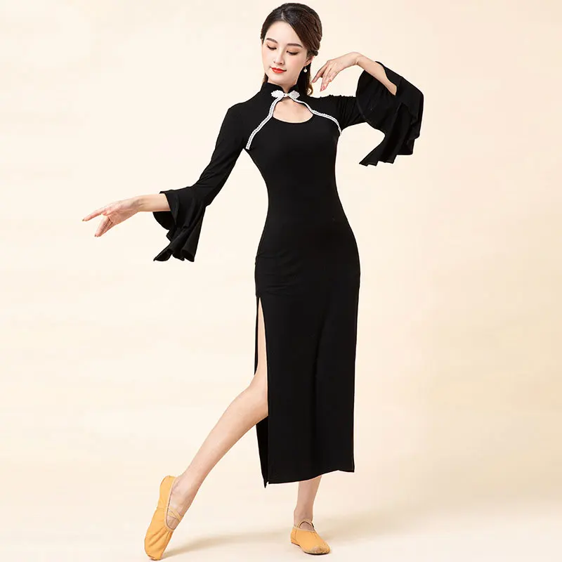 Fashion Classical Dance Dress Cheongsam Long Modern Dress Latin Dance Wear Slimming Rhythm Training Clothes