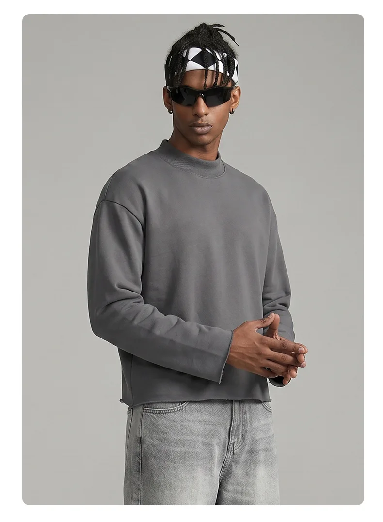 Personalized LOGO custom 350G cotton men's BOXY short and wide half-high neck long-sleeved hem burr sweater