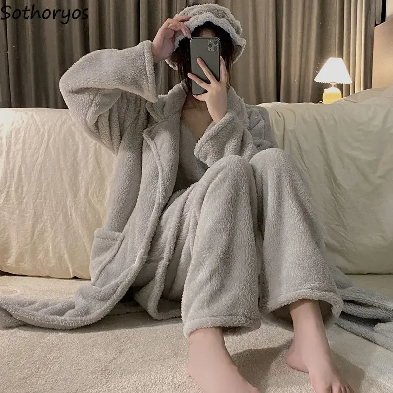 Coral Fleece Pajama Sets Women Thicken Plush Sleepwear Warm Sweet Simple Home Winter Plus Velvet Loungewear All-match Fashion