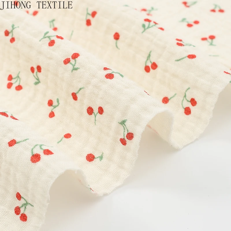1m/2m/5m Soft Muslin Gauze Cotton Crepe Fabric Cherry Print Double Layer Children Pajamas Quilt Fabric DIY Sewing Blanket