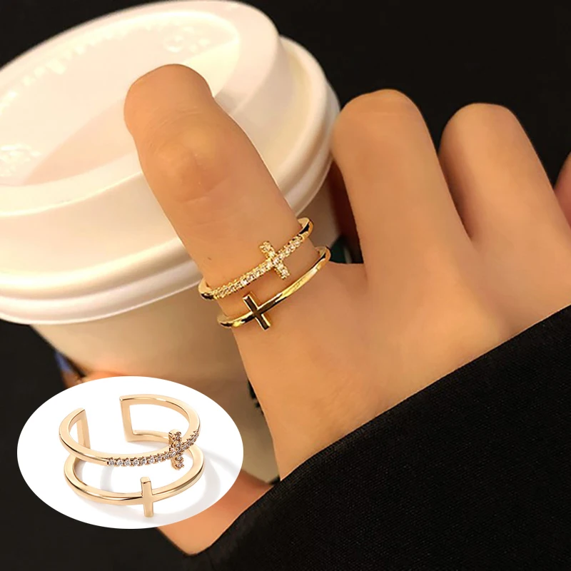 Gold Color Double Cross Flashing Zircon Open Rings for Women Student Korean Index Finger Ring 2022 Fashion Jewelry