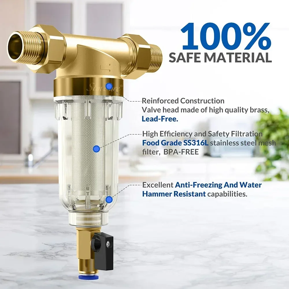 Stainless Steel Brass Pre-filter Whole House Filter Central Water Purifier 40μm 3T Large Flow Pipe Backwash Clean Water for Home