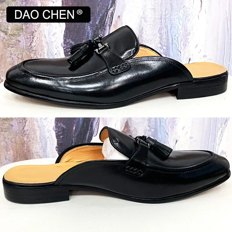 DAOCHEN BRAND MEN SHOES BLACK BROWN TASSEL SLIP ON HORSEBIT CASUAL MENS DRESS SUMMER GENUINE LEATHER HALF SHOES FOR MEN