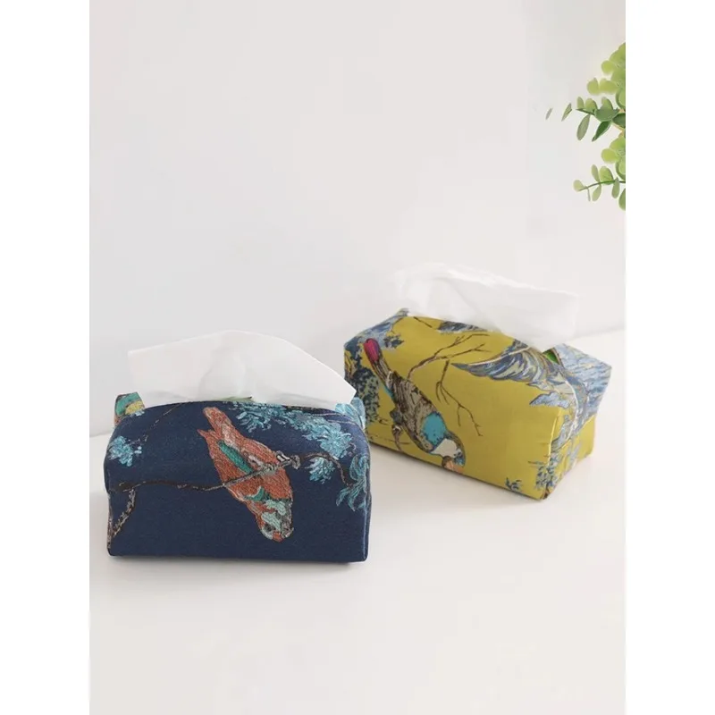 New Chinese Fabric Flower and Bird Tissue Box Household Simple Paper Towel Bag Toilet Paper Storage Coffee Table Paper Towel Box