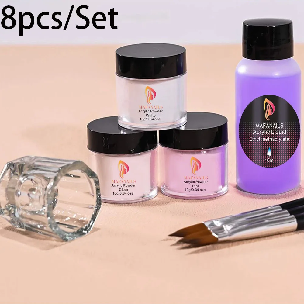 8pcs/Set Professional Crystal Monomer Liquid & Brush Nail Powder Kit 3Color Acrylic Powder&40ml for Nails Liquid Set With Cup