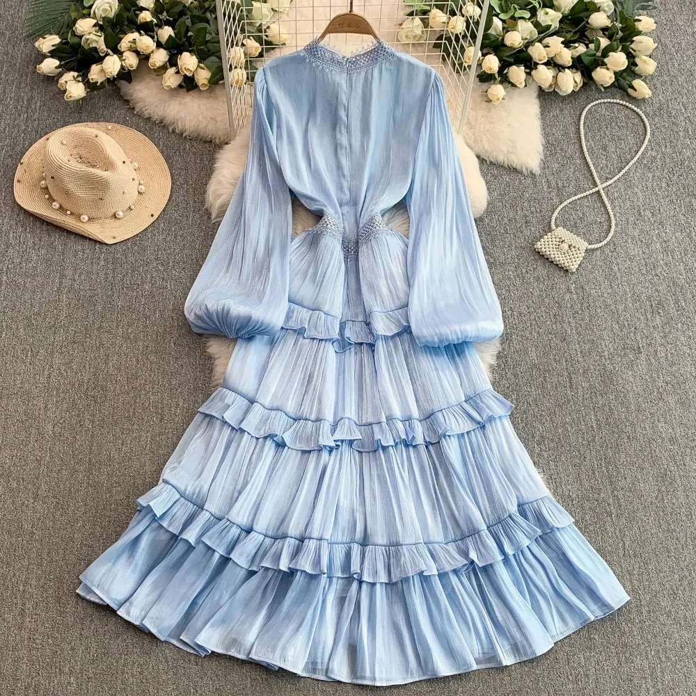 Vintage sexy long sleeve Spliced Dress Chic Summer Beach fairycore Vestidos Vacation  women clothing