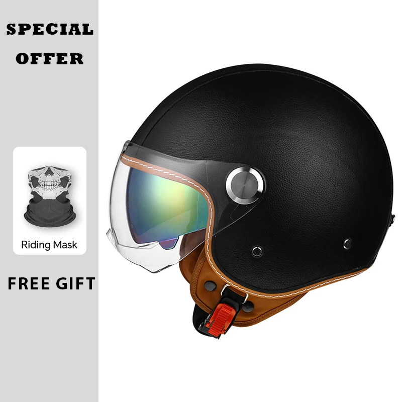 

Leather Jet Motorcycle Helmets Daul Lens DOT Approved Four Seasons Men Women Retro Vintage 3/4 Open Half Helmet Safety