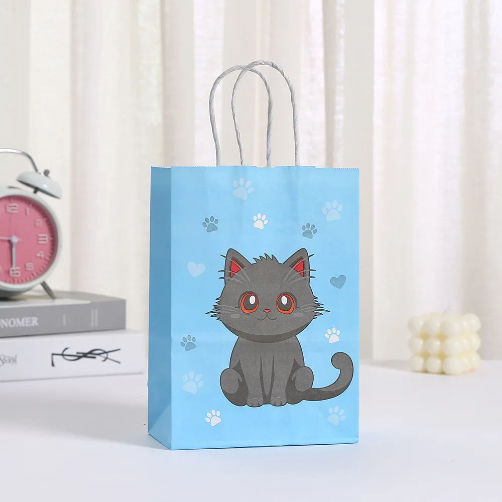 6Pcs Pink Colorful Cat Paw Print Paper Candy Bags Gift Bags With Handles For Animal Pet Theme Birthday Party Decorations Favors