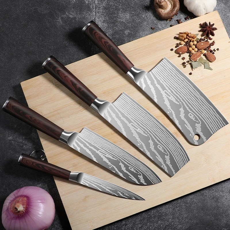

Поварские ножи из нержавеющей стали, дамасский шаблон, нож для мяса, нож для нарезки мяса, цветная деревянная ручка, нож для нарезки фруктов, нож для нарезки фруктов