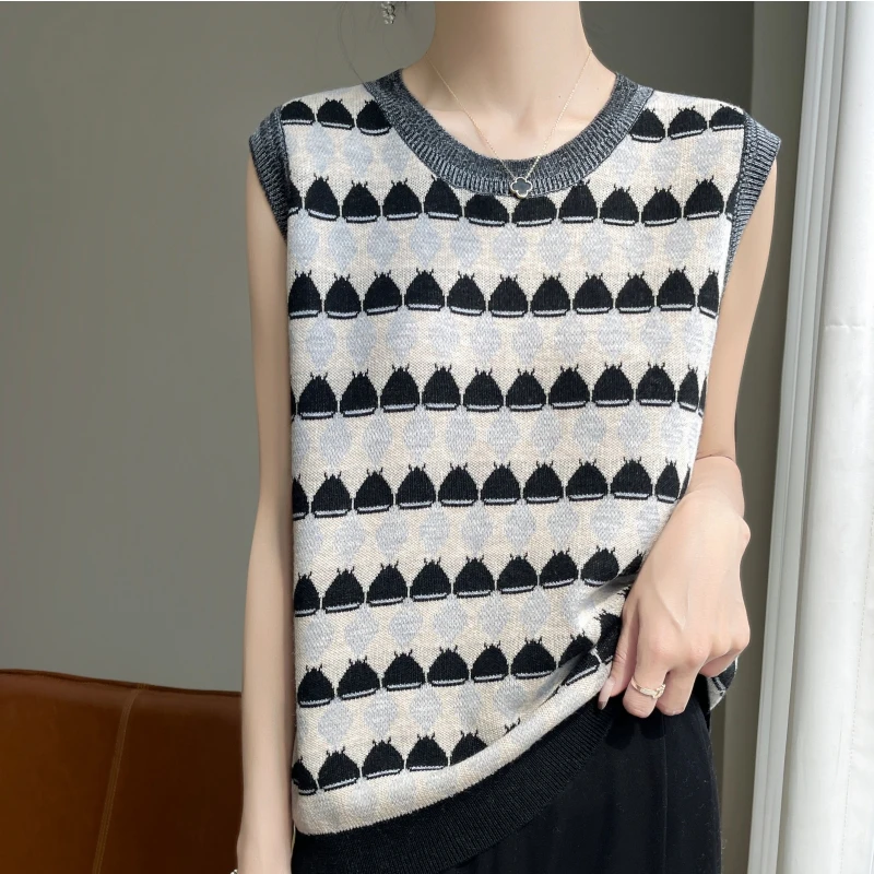 

Vintage Jacquard Cotton Knit Sleeveless Vest, Women's Summer Lightweight Loose Fit Tank Top, Versatile Layering Essential for