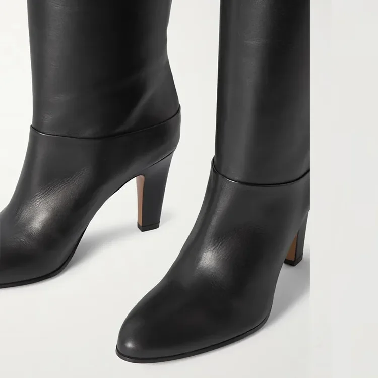 Ladies\' Autumn and Winter Knee Length Boots, Round Toe Fashionable Leather Slim Fit High Heels, Size 34-46 Medium Length Boots