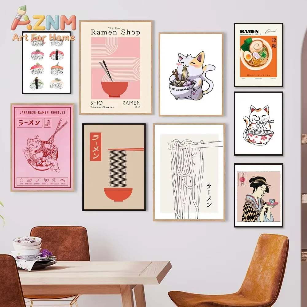 

1pc Art Print Watercolor Sushi Poster Wall Canvas Painting Japan Restaurant Decor Japanese Ramen Noodles Cat Illustrated