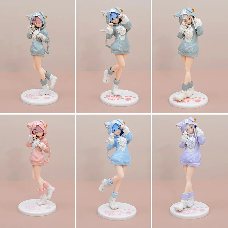 Re:Zero Emilia Rem Ram With Puck Costume Anime Figure, Beautiful Girl Desktop PC Case Decor Collectible Gift